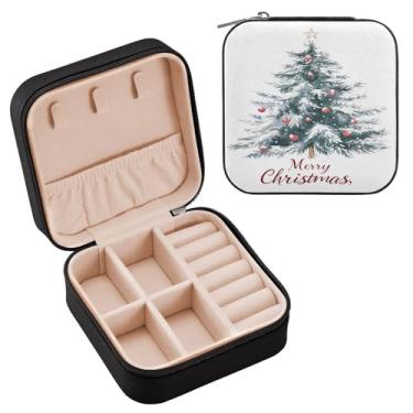 Imagem de Wassud Linda caixa de joias de viagem de árvore de Natal para mulheres, meninas, senhoras, noiva, mini organizador de joias de couro PU, caixa quadrada de armazenamento de joias para brincos, anéis