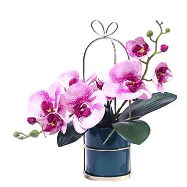 Imagem de Flor artificial com vaso pequena orquídea falsa Phalaenopsis plantas falsas para decoração de layout de casa, sala de estar, escritório, 28 cm, buquê de flores falsas. Cor: