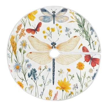 Imagem de Qilmy Saia de árvore de Natal de flores silvestres e libélulas, 90 cm, de camurça, para árvore de Natal, adequada para decoração de armário em ambientes internos e externos, festas, escritórios, lojas