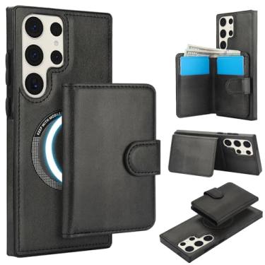 Imagem de Carteira para Samsung Galaxy S23 ultra destacável compatível com Magsafe capa de carregamento sem fio com suporte para cartão, compartimento para dinheiro, suporte 2 em 1 à prova de choque (preta)
