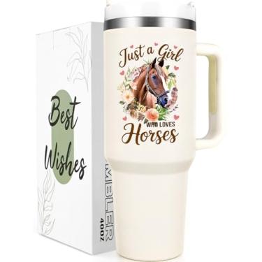 Imagem de Qtencas Presentes de cavalo para meninas, mulheres, presentes de cavalo, Just A Girl Who Loves Horses Copo de viagem isolado de 1,134 g, presente de aniversário de Natal para amantes de equitação