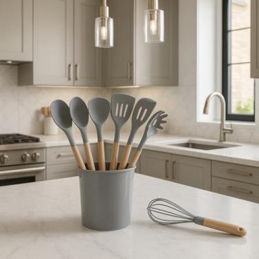 Imagem de Jogo de Utensílios Para Cozinha 12 Peças Silicone e Madeira (Cinza)