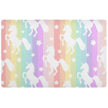 Imagem de TSENQUE Tapete de porta personalizado com listras arco-íris de unicórnios, tapete engraçado para varanda frontal, tapete de porta antiderrapante para cães 81 x 50 cm