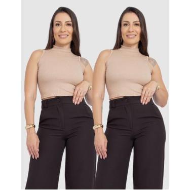 Imagem de Kit 2 Cropped Blusa Feminina Canelada Gola Alta Casual Elegante Verão 