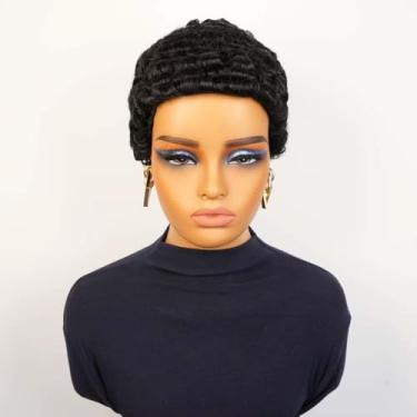 Imagem de Perucas de cabelo humano cacheadas curtas pretas feitas à máquina para mulheres estilo cacheado afro crespo moderno diário