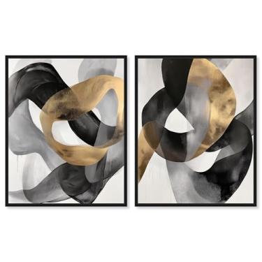 Imagem de Conjunto de 2 decoração de parede Boho com impressão em tela de luxo dourado glamoroso da Art Remedy, moldura preta, 50 x 61 cm