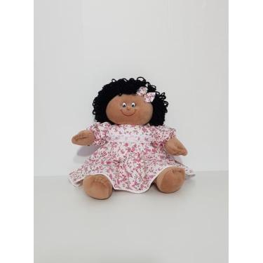 Imagem de Boneca De Pano Lara Negra Morena Pelúcia Rosa Floral 41cm - Polybaby