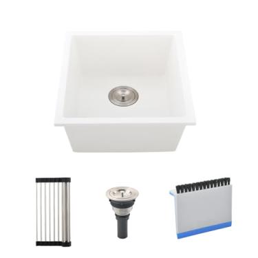 Imagem de BoomHoze Pia de barra de montagem inferior, 33 x 33 cm branca pequena pia de cozinha embutida granito quartzo composto tigela única bacia profunda e mini conjunto de rodo