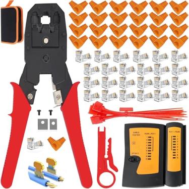 Imagem de TAIWAIN Cat5 Cat6 Ferramenta de rede de crimpagem Ethernet, Manutenção Profissional de Computador Lan Cortador de Reparo para Testador de Descascador de Cabos, 50 Peças de Capas de Cores Mistas e 50 Peças de Conectores de Passagem (Lemônio)