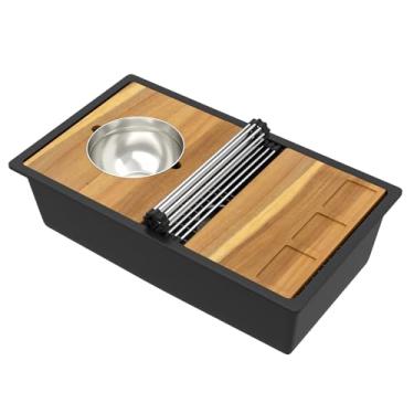 Imagem de Talllor Pia de cozinha composta de granito 30 - pia de cozinha de granito de 76 cm x 48 cm, estação de trabalho com borda submontada, quartzo preto fosco, luxuosa, sob o balcão, pia multifuncional com