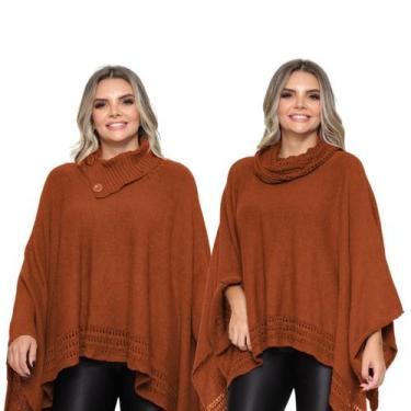 Imagem de Kit 2 Poncho Feminino Tricot Liso Gola Alta Casaco Lã Inverno - GIP, T