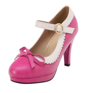 Imagem de Salto alto feminino estilo princesa bonito laço bonito bloco de cor bonito laço grosso estilo princesa, Rosa choque, 36