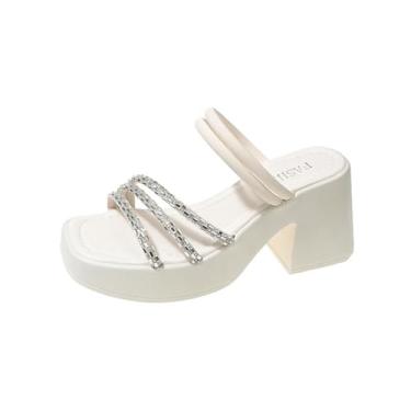 Imagem de Pantufas femininas casuais de salto alto, bico quadrado, bico aberto, strass, sola grossa, Branco, 35