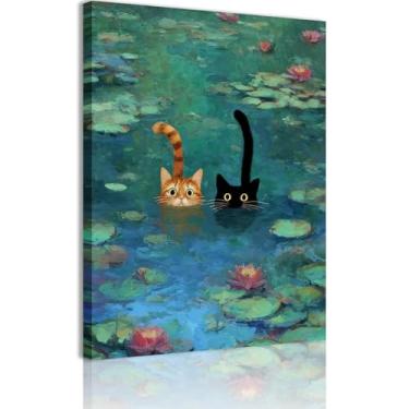 Imagem de Arte de parede em tela de gato engraçada Monet Impressionista Pintura de lírio de água Decoração de parede Moderno Bonito Amante de Animais Impressão Arte para Quarto Sala de Estar Banheiro 40,6 x 61