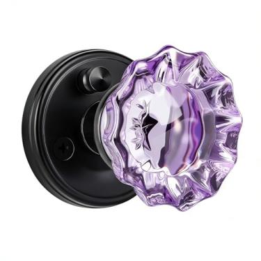 Imagem de SHINY HANDLES Puxador de porta de vidro roxo, preto, privacidade interior de maçanetas de vidro de cristal roxo, maçanetas de porta pretas de privacidade vintage com trava para quarto e banheiro