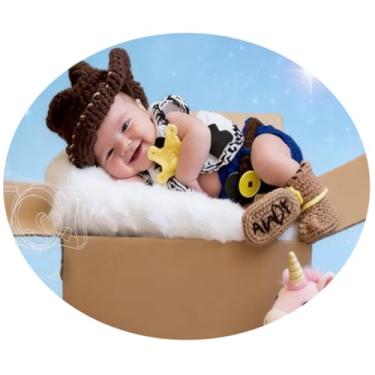 Imagem de Lgvhydh Acessório para fotografia de recém-nascido, roupa de caubói para meninos e meninas, roupas de crochê, chapéu de caubói, colete e shorts, conjunto de fantasia para sessão de fotos