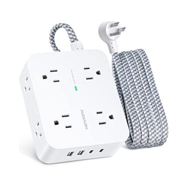 Imagem de Faixa de alimentação com protetor de picos de 6 pés com USB C, cabo de extensão com 8 saídas largas (2,2 polegadas) e 4 portas USB (2 USB C), tomada plana, montagem na parede, extensor de