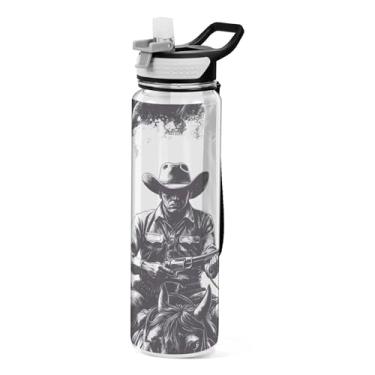 Imagem de xigua Garrafa de água padrão cowboy ocidental com tampa de canudo garrafas de água de academia transparente à prova de vazamento para esportes ao ar livre, beber fitness, treino, viagem, 940 ml