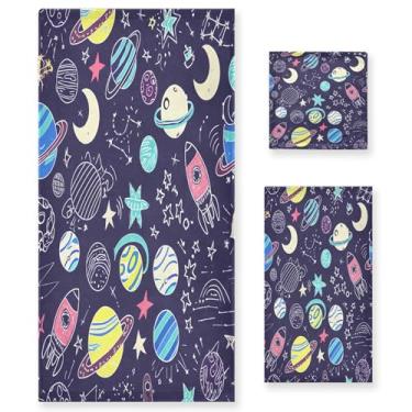Imagem de xigua Conjunto de toalhas de banheiro coloridas planetas absorventes macias 3 peças toalha de banho toalha de mão toalhas decorativas para banheiro, academia, hotel, praia, piscina