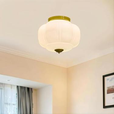 Imagem de ZeniLife Luminária de teto vintage de vidro de leite com 3 luzes, luminária de teto de montagem semi-embutida de meados do século, lustre para sala de estar, sala de jantar, corredor, quarto, 38 cm