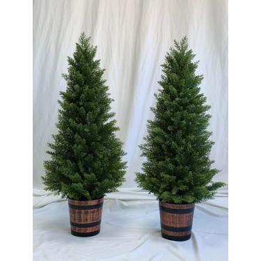Imagem de Conjunto de 2 árvores de topiaria artificial, 1,2 m, arbustos em vasos falsos realistas com plantador vintage, decoração de casa para ambientes internos e externos, primavera, verão, para varanda