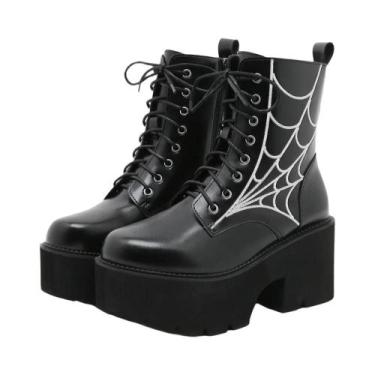 Imagem de Botas Femininas Punk Com Bordado De Teia De Aranha Em Couro PU, Com Ca