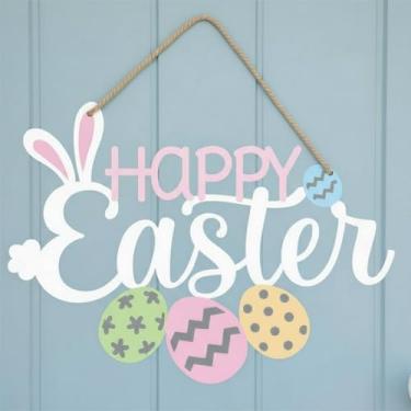Imagem de Therwen Placa suspensa de feliz Páscoa para porta da frente, ovos de coelho, guirlanda de metal, placa de porta de boas-vindas, decoração de parede, coelho vazado, decoração de primavera, para casa