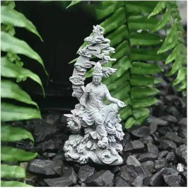 Imagem de livelyfish Estátua de aquário Guan Yin, decoração budista, escultura de Buda Kuanyin, coleção de arenito zen, estatueta para decoração de aquário de peixes (cinza)