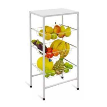 Imagem de Fruteira de Aço com 3 Cestos e Pés Emborrachados – Suporte para Filtro e Galão de Água(Branco)