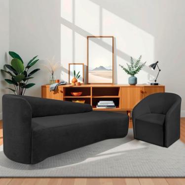 Imagem de Kit Sofá Curvo França 220cm Ld. E Poltrona Luiza Max Conforto, Elegância E Design Moderno Linho Preto