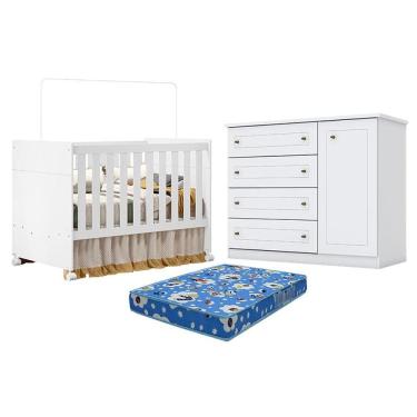Imagem de Berço Americano Katatau Branco Acetinado - Reller e Cômoda Infantil Americano Branco HP e Colchão Ortobom - Henn