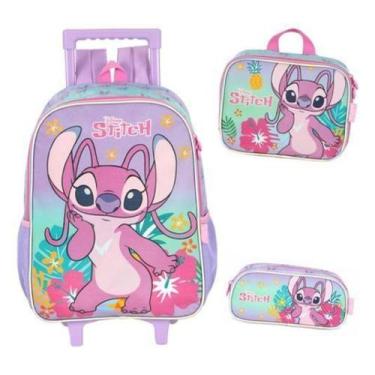 Imagem de Kit Mochila Rodinhas Costas Lancheira Estojo Stitch Angel - Luxcel