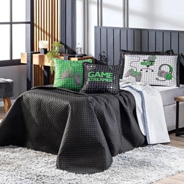 Imagem de Kit Cobre Leito Colcha Casal Padrão Game Streamer Verde Dupla Face Com Almofadas Estamp...