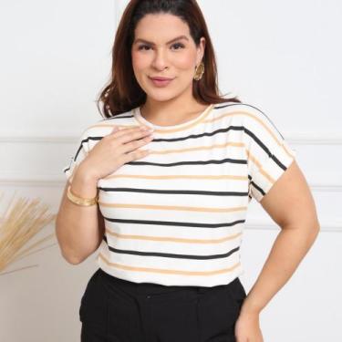 Imagem de Blusa Feminina Manga Curta Japonesa Dobrada Listrada Casual Confort - 