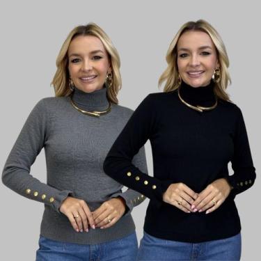 Imagem de Kit 2 Blusas Tricot Botão na Manga Moda Casual Inverno 2024 - SP/CXX, 