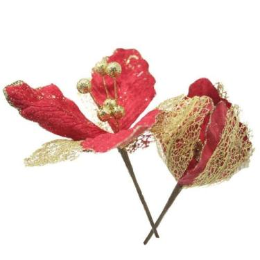Imagem de Kit 6 Flores Com Cabo Artificial Decoração De Natal Com Glitter 27cm -