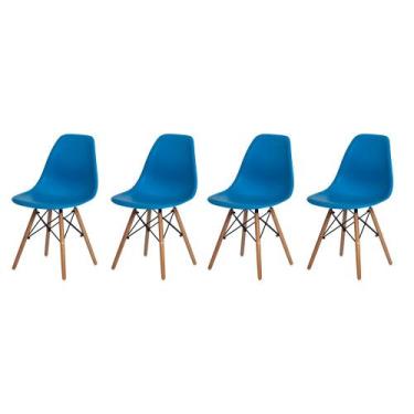 Imagem de Kit 4 Cadeiras Charles Eames Eiffel Azul Base Madeira Sala Cozinha Jan