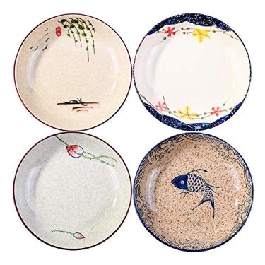 Imagem de Whitenesser Pratos de jantar retrô japoneses, pratos de 20 cm, conjunto de 4 pratos de cerâmica
