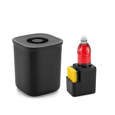 Imagem de Kit Porta Detergente com Suporte para Esponja + Lixeira de Pia 4L com Tampa Basculante Dasplast | Organizador de Pia para Cozinha | Kit Compacto para Bancada | Organização | Produto Sustentável Preto