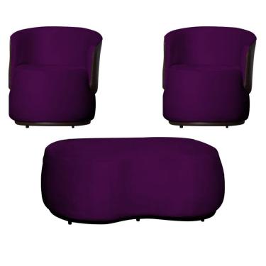 Imagem de Kit 2 Poltronas e 1 Puff Grande Design Orgânico Beatriz Veludo Composê Corino Marrom - Estopar