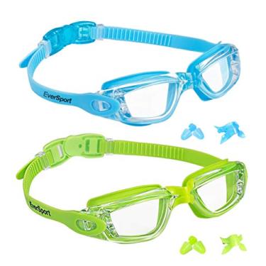 Imagem de Óculos de natação EverSport para crianças, pacote com 2, azul claro e verde, óculos de natação para adolescentes, óculos de natação antiembaçantes, antiUV, à prova de vazamento, protetores de ouvido gratuitos, alças abertas com um botão, para 4 a 16 anos.