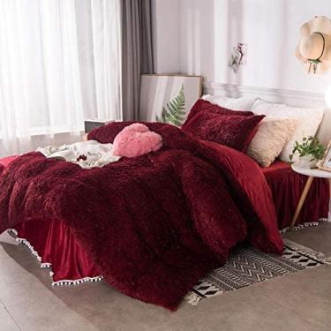 Imagem de Jogo de lençol de pelúcia de flanela de veludo, capa de edredom de lã grossa e quente, fronhas de saia de cama - pasta de feijão - saia de cama de 1,8 m, 4 peças (vermelho escuro 1,5 m, saia de cama 5