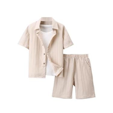 Imagem de BEAUDRM Conjunto masculino de 2 peças de blusa e shorts texturizados de manga curta com gola e botão frontal sem camiseta, Caqui, 9Y