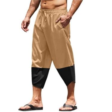 Imagem de Bowake Calça capri masculina de algodão e linho com cordão, pernas largas, capris masculinas, bolso de verão, praia, cintura elástica, E1*café, 5G