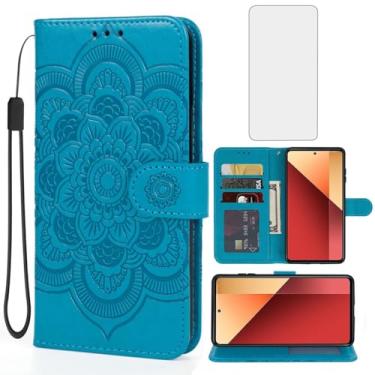 Imagem de Bohefo Capa para Redmi Note 13 Pro 4G, capa carteira Poco M6 Pro 4G com protetor de tela de vidro temperado, suporte para cartão de crédito de couro para Xiaomi Redmi Note 13 Pro 4G azul