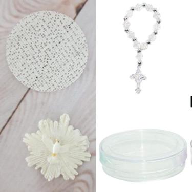 Imagem de Lembrancinhas para montar 10 latinhas acrílico 5x2 + 10 mini terços + 