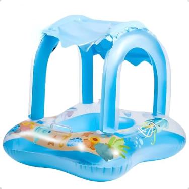 Imagem de Boia Bote com Fralda e Para-Sol Infantil e Bebê com Cobertura para Piscina Praia Natação Inflável Premium (Azul)