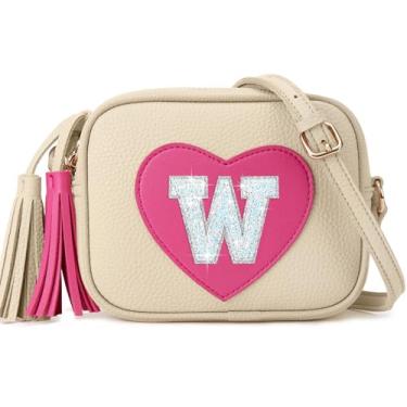 Imagem de OYLOLA Presentes de aniversário para meninas, inicial para meninas, bolsa infantil, bolsas infantis, presentes para meninas, bolsas de coração para meninas, Bege, W