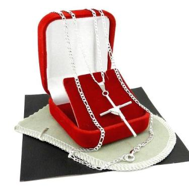 Imagem de Corrente Masculina 80Cm 2Mm + Cruz 40Mm Folheada Prata Cr430 - Wnbijou