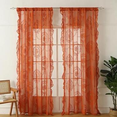 Imagem de LOHUT Cortinas de renda laranja para sala de estar, 213 cm de comprimento, conjunto de 2 painéis, boho transparente com renda floral, floral vintage, bolso para haste, 132 x 213 cm